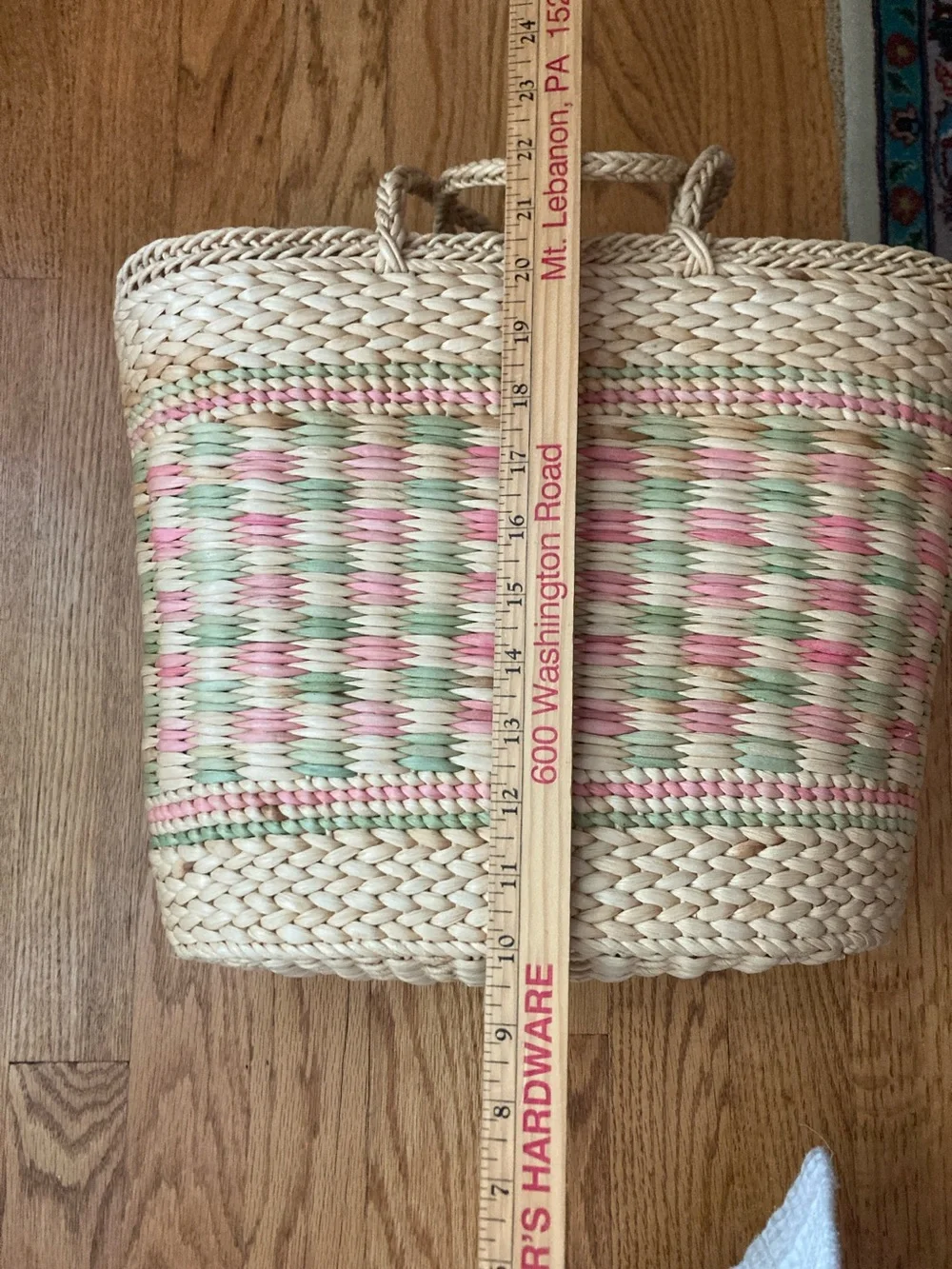 Woven Straw Tote Bag in Natural with Pink & Green Accents